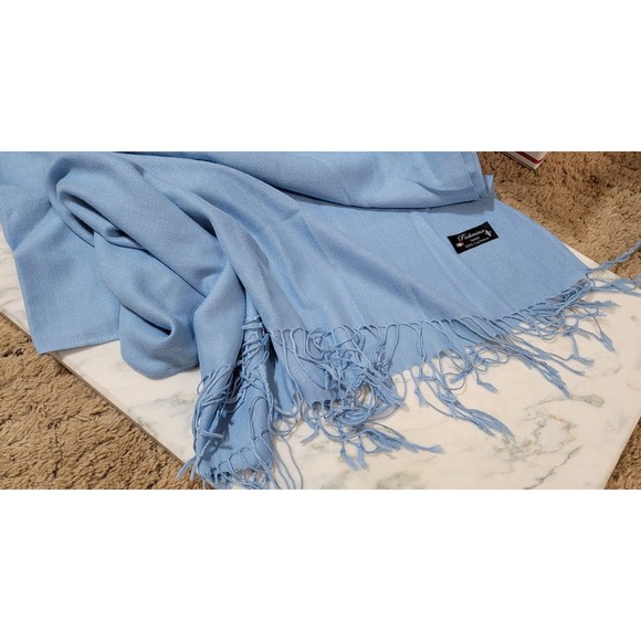 Pashmina Finished 100% Cashmere Light Blue Scarf Wrap Shawl with Fringes - Picture 4 of 5